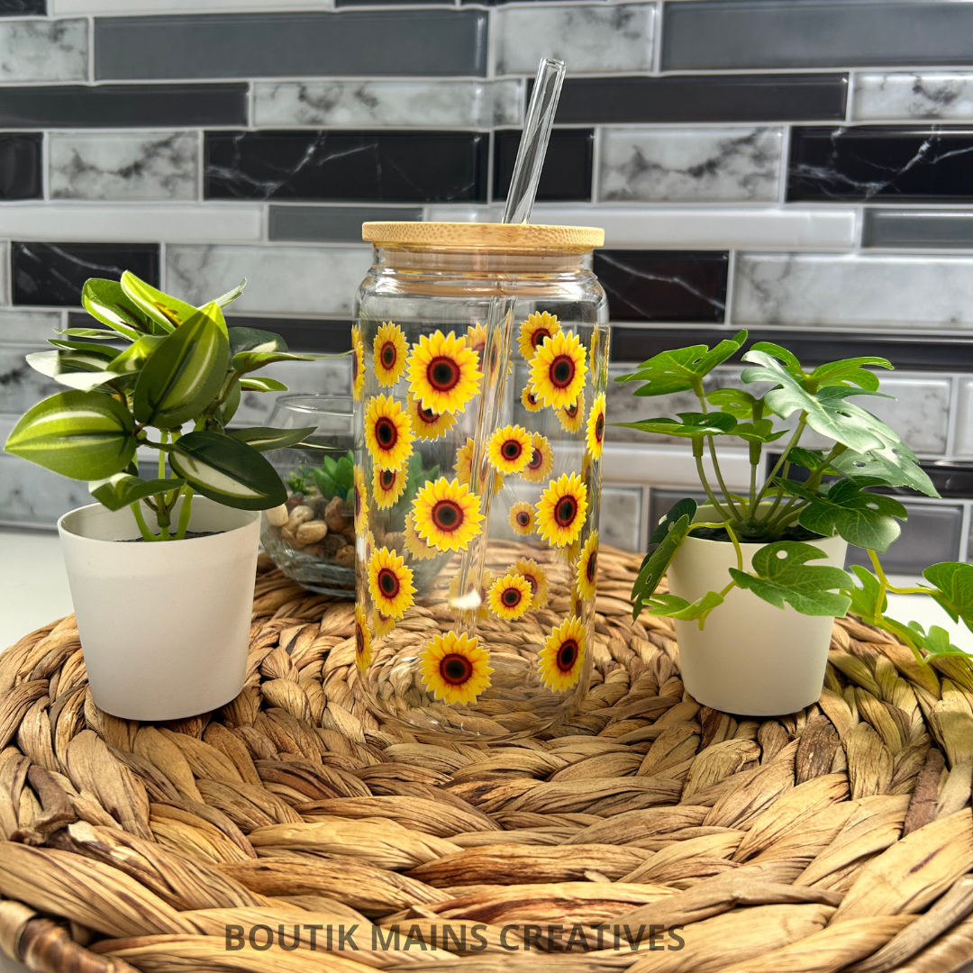 Verre à café glacé fleurs de Tournesols, cadeau floral pour amoureux des fleurs