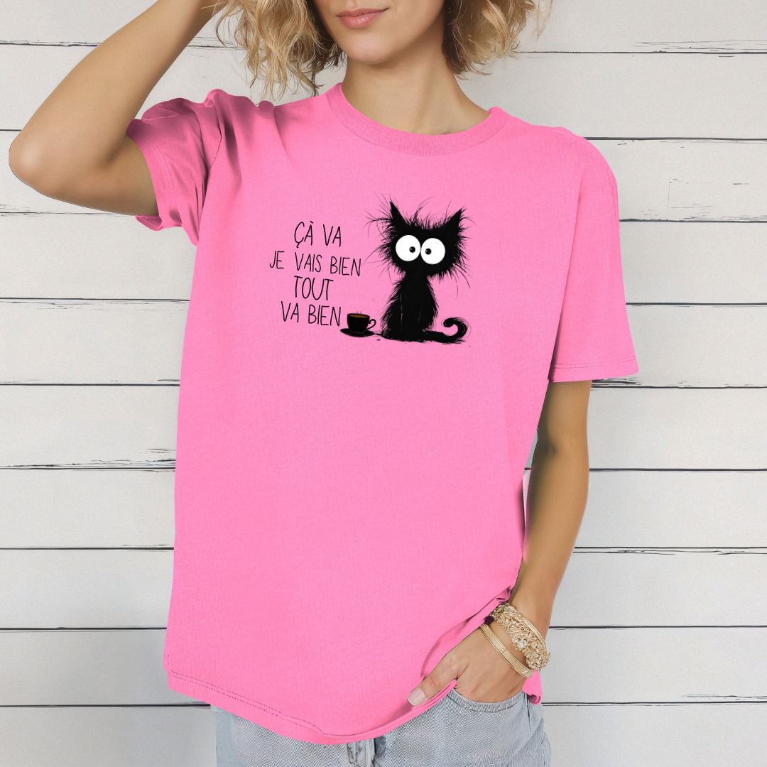 funny black cat shirt with sarcastic quote, funny t-shirt with humorous quote in French