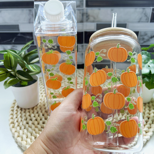 Ensemble Verre à café et Bouteille style carton lait avec design citrouille d'halloween