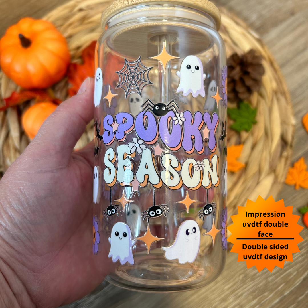 Verre à café glacé fantômes spooky , Verre à café fantômes spooky season, Tasse en verre fantômes d'Halloween, Gobelet marguerite et fantôme