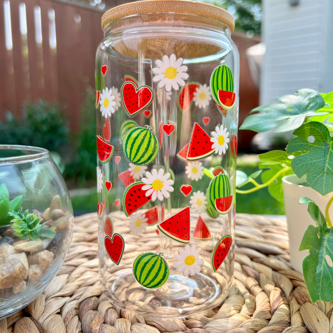 Verre à café glacé melon d'eau, Tasse pastèque et marguerites,