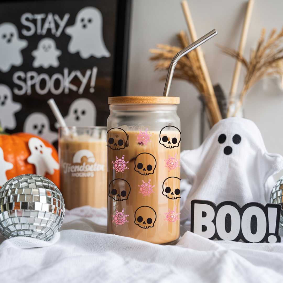 Skull and Spiderweb Iced Coffee Glass cup, Girly Halloween Glass cup