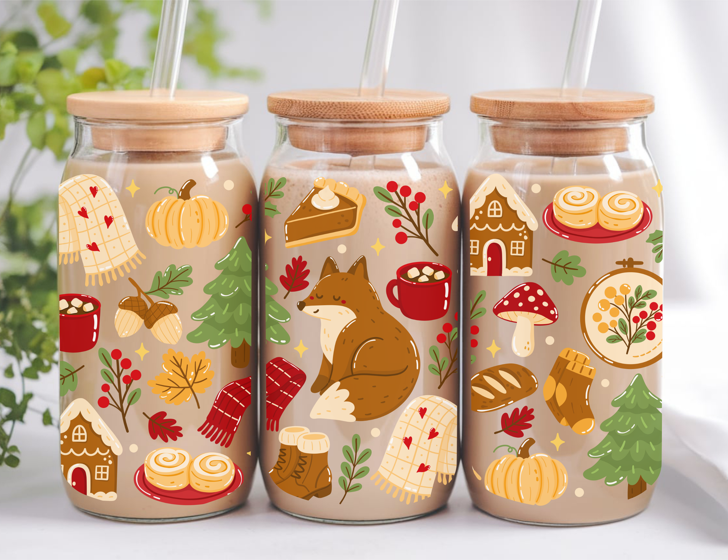 Verre à café glacé 16 oz au design forêt d'automne, Cadeau pour amoureux de l'automne