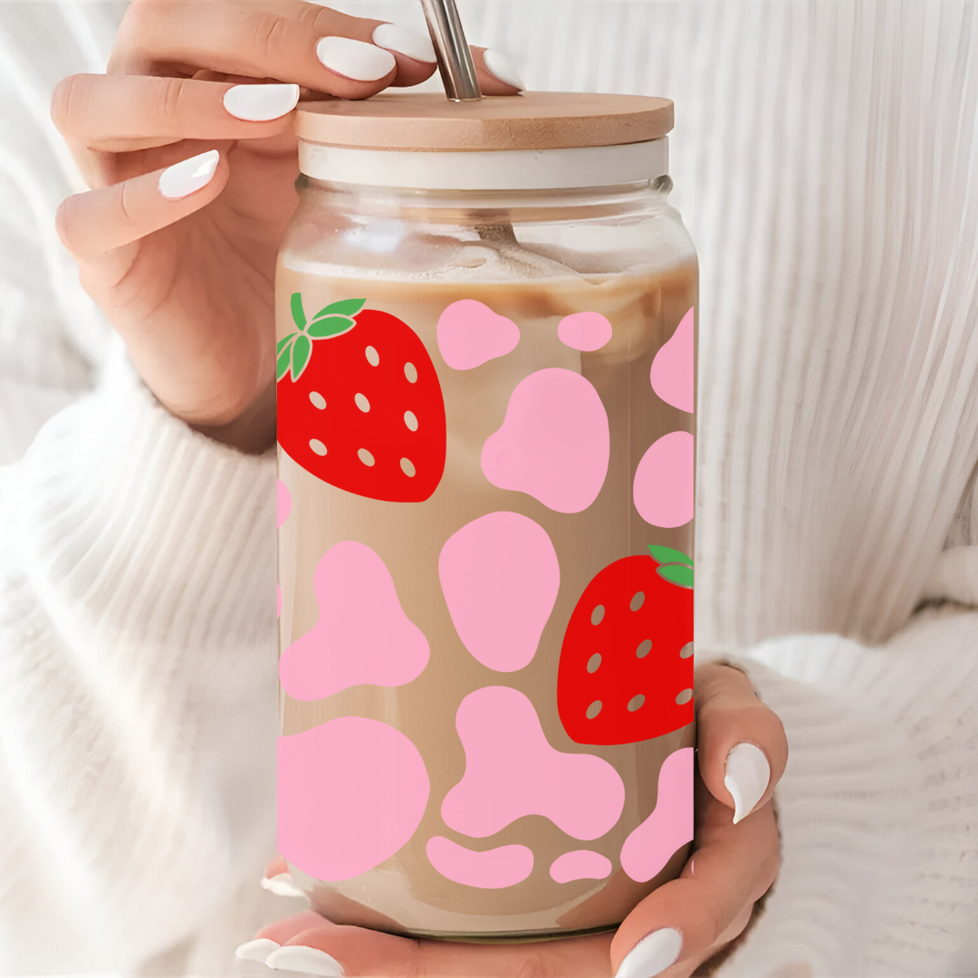 Verre à café glacé fraises imprimés de vache, Verre de fruits