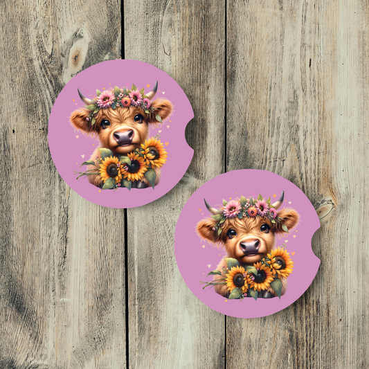 Sous-verres pour auto mignonne Vache Highland, Cadeau style boho western
