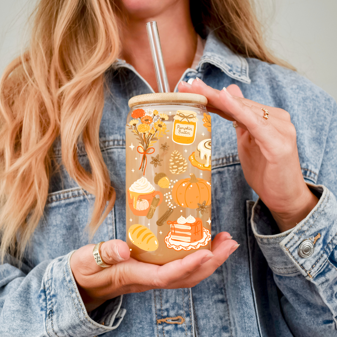 Verre à café glacé 16 oz Design Automne Citrouilles, douceurs & épices, cadeau pour amoureux d'automne