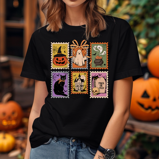 T-shirt halloween style timbres postaux, chandail d'halloween style vintage