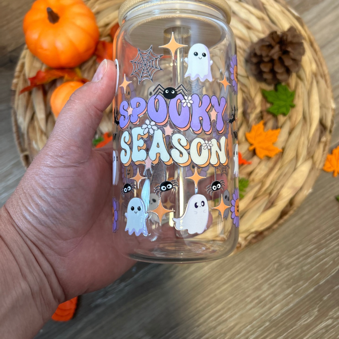 Verre à café glacé fantômes spooky , Verre à café fantômes spooky season, Tasse en verre fantômes d'Halloween, Gobelet marguerite et fantôme