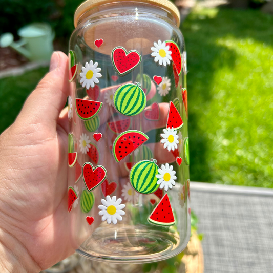 Verre à café glacé melon d'eau, Tasse pastèque et marguerites,