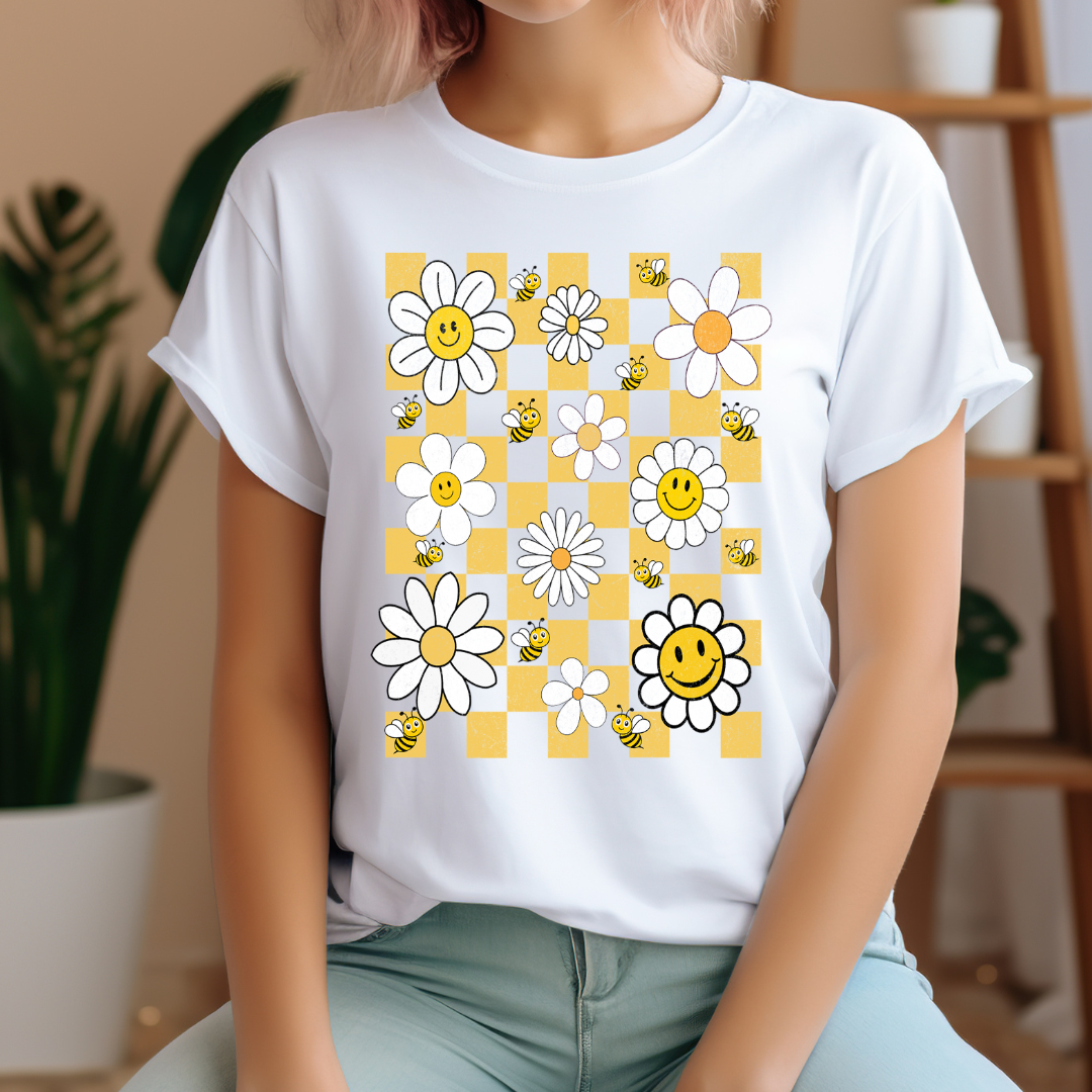 T-shirt d'été rétro style grunge avec marguerites et abeilles, T-shirt floral