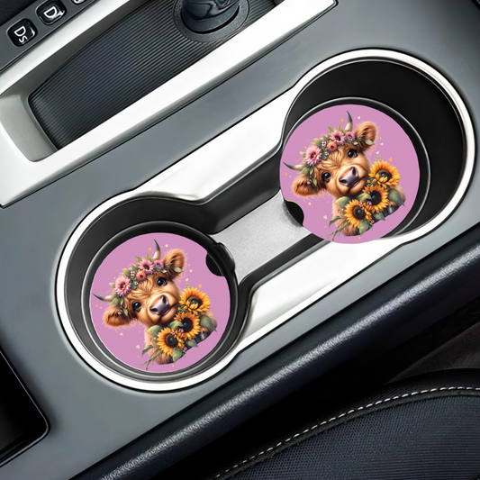 Sous-verres pour auto mignonne Vache Highland, Cadeau style boho western