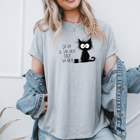chandail drôle de chat noir à citation sarcastique, T-shirt humoristique à citation humouristique en français