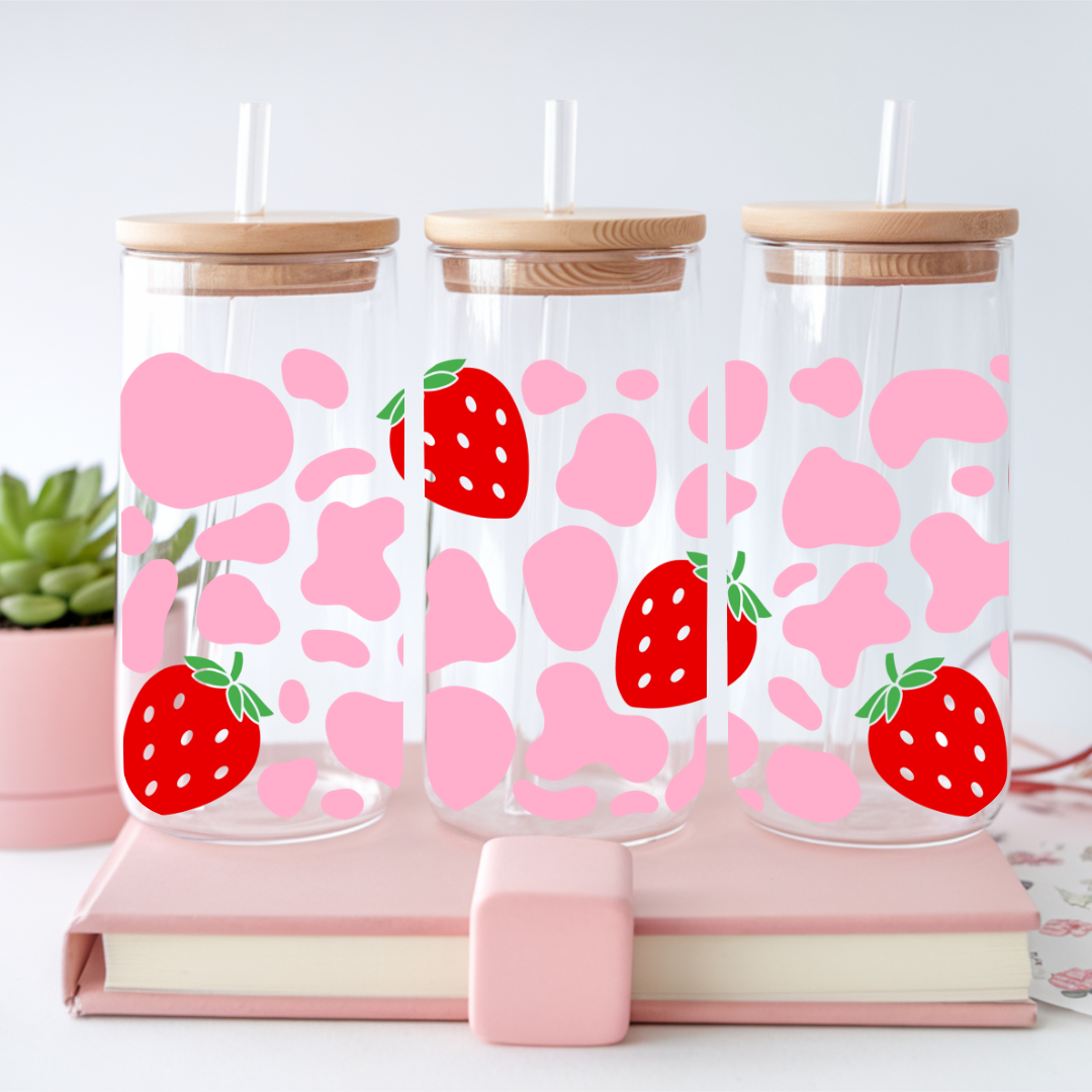 Verre à café glacé fraises imprimés de vache, Verre de fruits