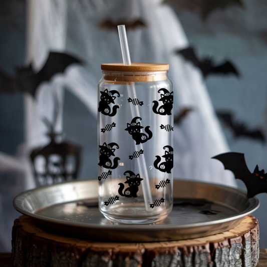 Verre à café glacé chats noirs et bonbons, Verre Libbey Halloween