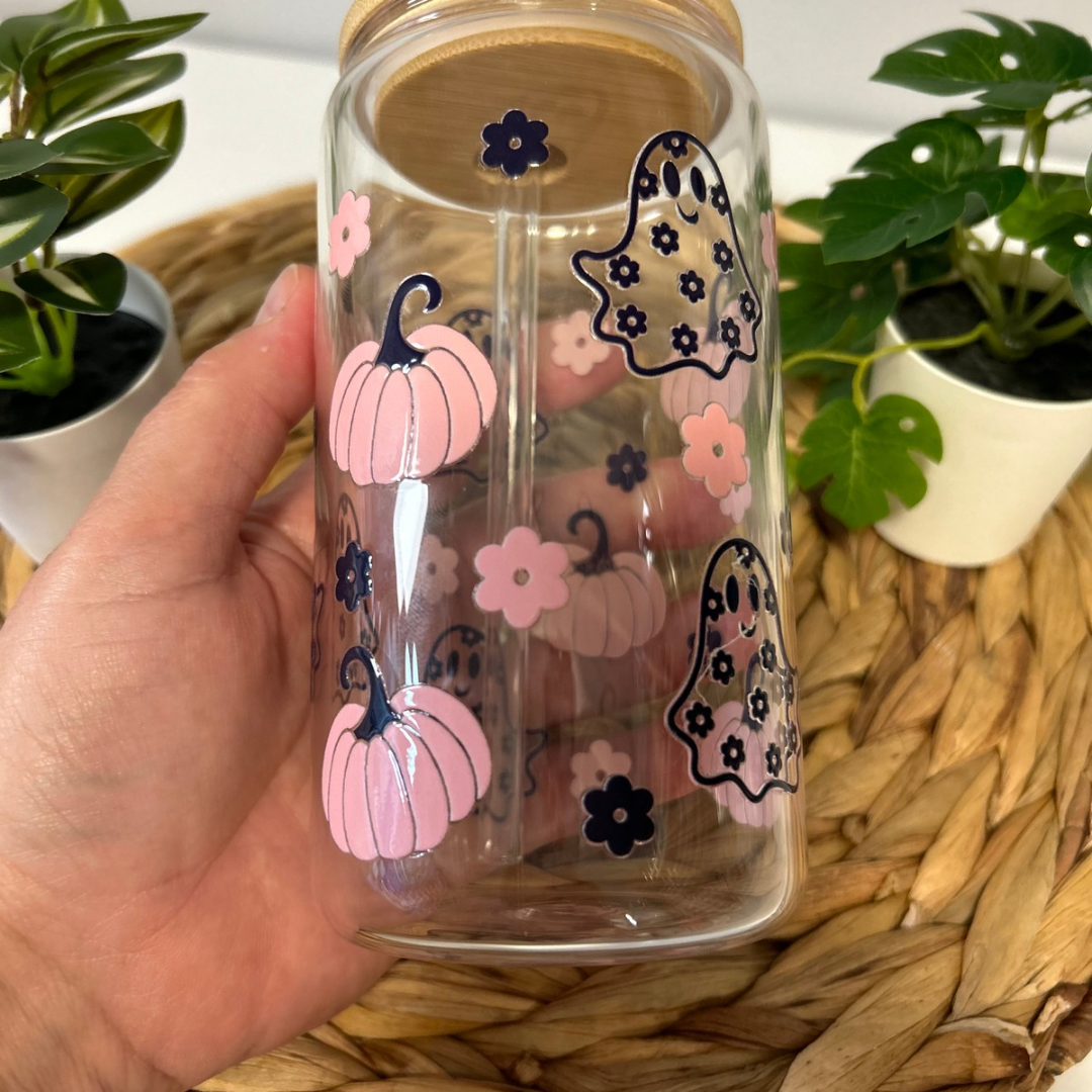 Verre à café glacé avec mignons fantômes au design floralVerre à café fantômes floral, Tasse en verre fantômes d'Halloween, Gobelet marguerite et fantôme