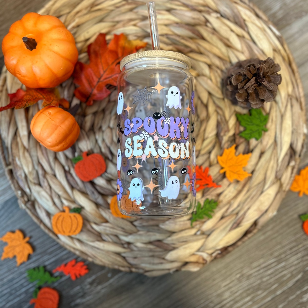 Verre à café glacé fantômes spooky , Verre à café fantômes spooky season, Tasse en verre fantômes d'Halloween, Gobelet marguerite et fantôme