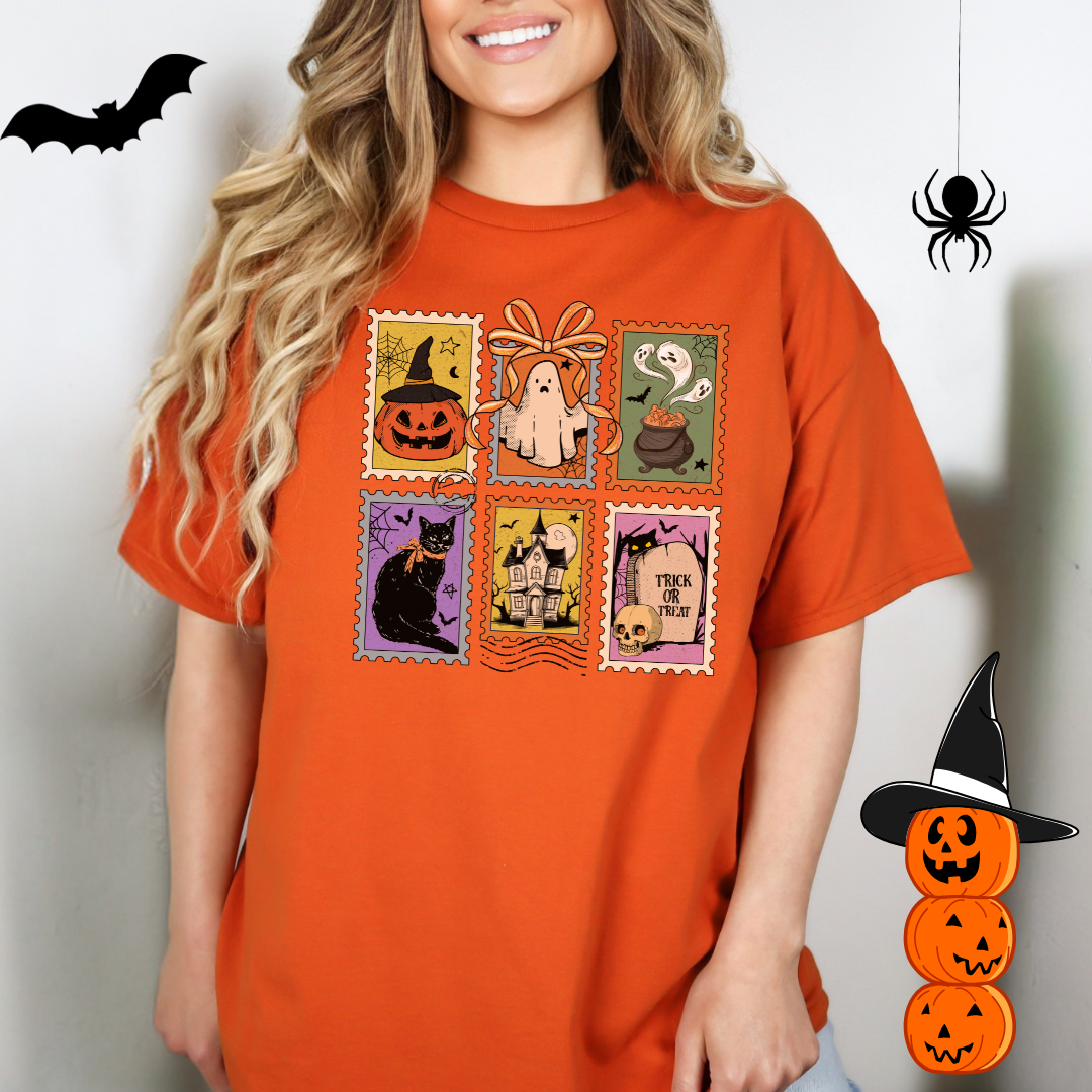 Halloween t-shirt postage stamps style, vintage Halloween shirt