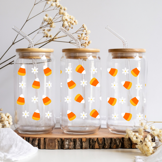 Verre à café glacé bonbons maïs d'halloween, verre halloween candy corn et marguerites