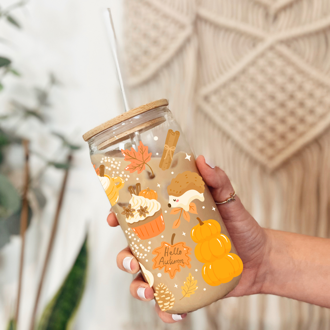 Verre à café glacé 16 oz Design Automne Citrouilles, douceurs & épices, cadeau pour amoureux d'automne