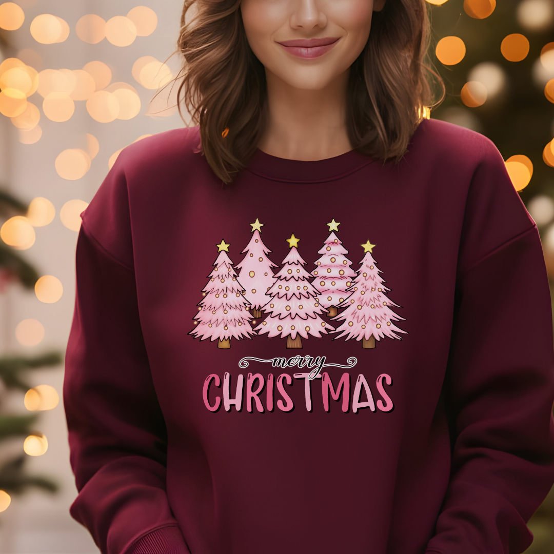 Chandails sapins Noël roses, Cadeau pour les fêtes, Sweatshirt Noël, cadeau thème Noël