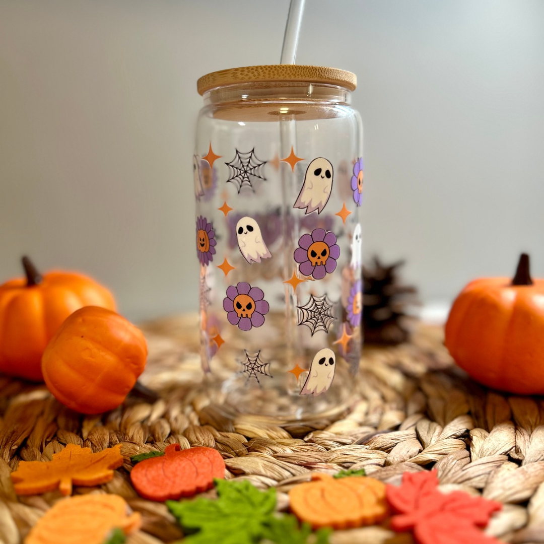 Verre à café glacé fantômes spooky , Verre à café fantômes spooky season, Tasse en verre fantômes d'Halloween, Gobelet marguerite et fantôme