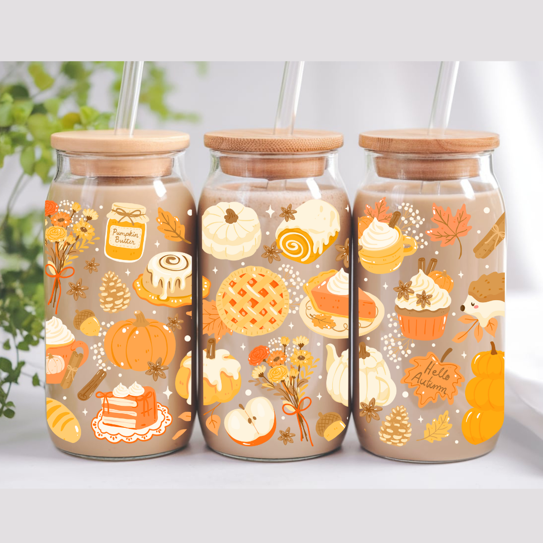 Verre à café glacé 16 oz Design Automne Citrouilles, douceurs & épices, cadeau pour amoureux d'automne