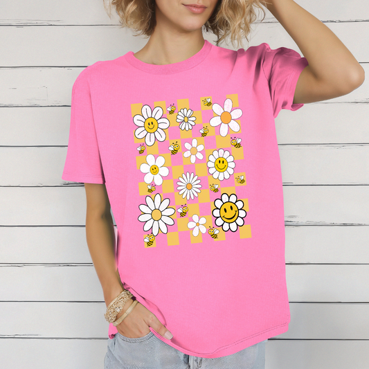 T-shirt d'été rétro style grunge avec marguerites et abeilles, T-shirt floral