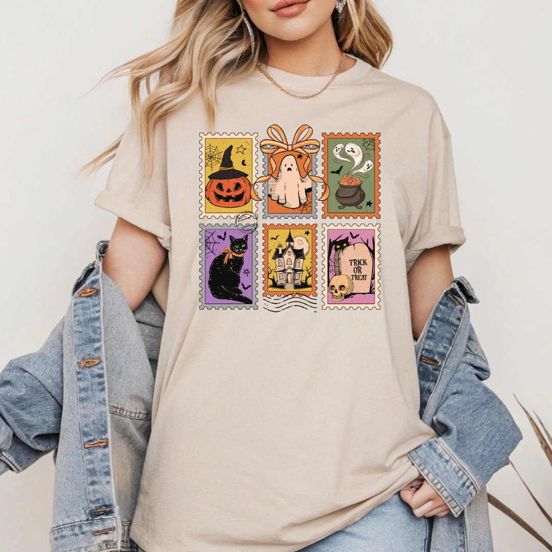 Halloween t-shirt postage stamps style, vintage Halloween shirt