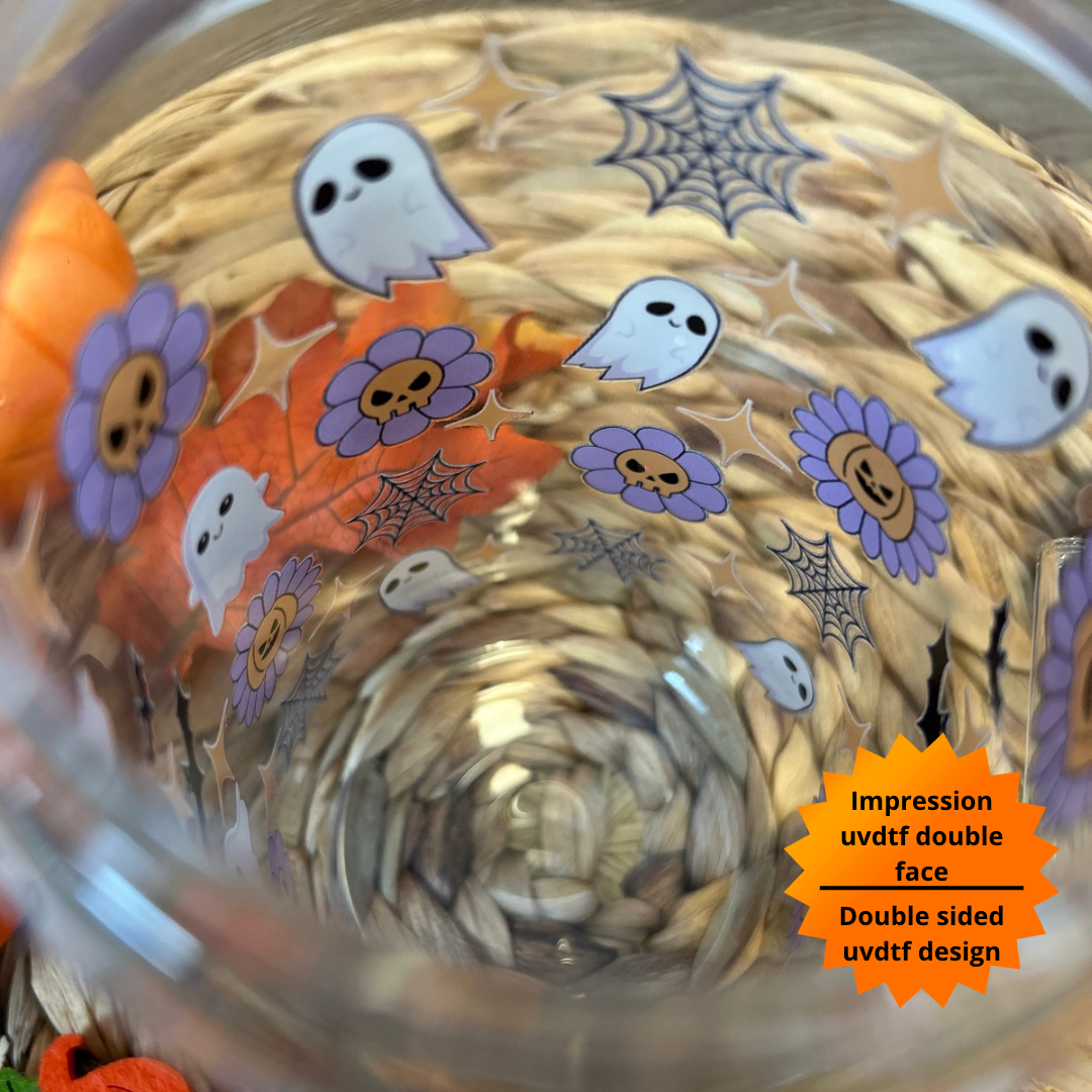 Verre à café glacé fantômes spooky , Verre à café fantômes spooky season, Tasse en verre fantômes d'Halloween, Gobelet marguerite et fantôme