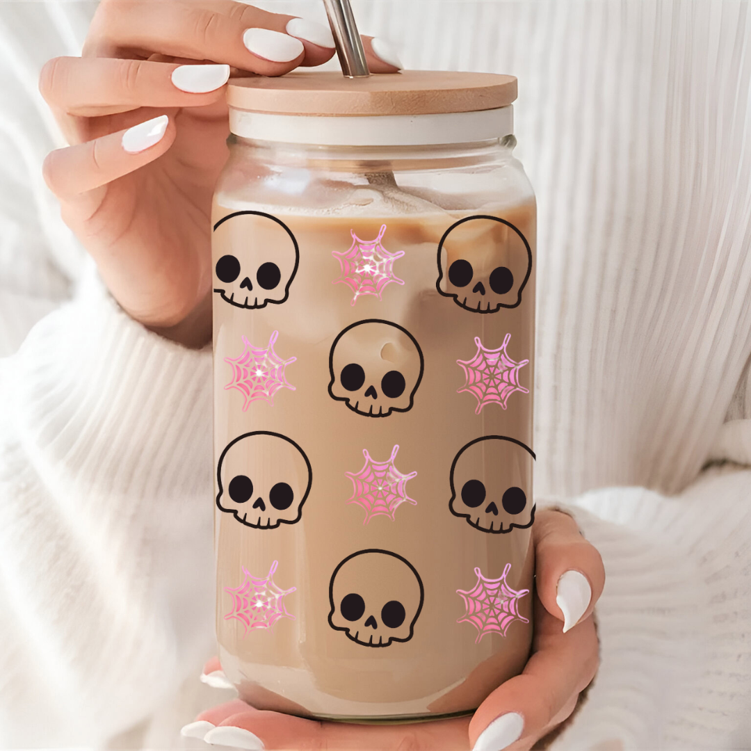 Skull and Spiderweb Iced Coffee Glass cup, Girly Halloween Glass cup