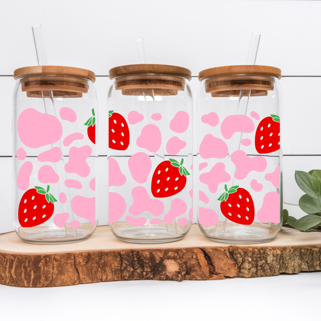 Verre à café glacé fraises imprimés de vache, Verre de fruits