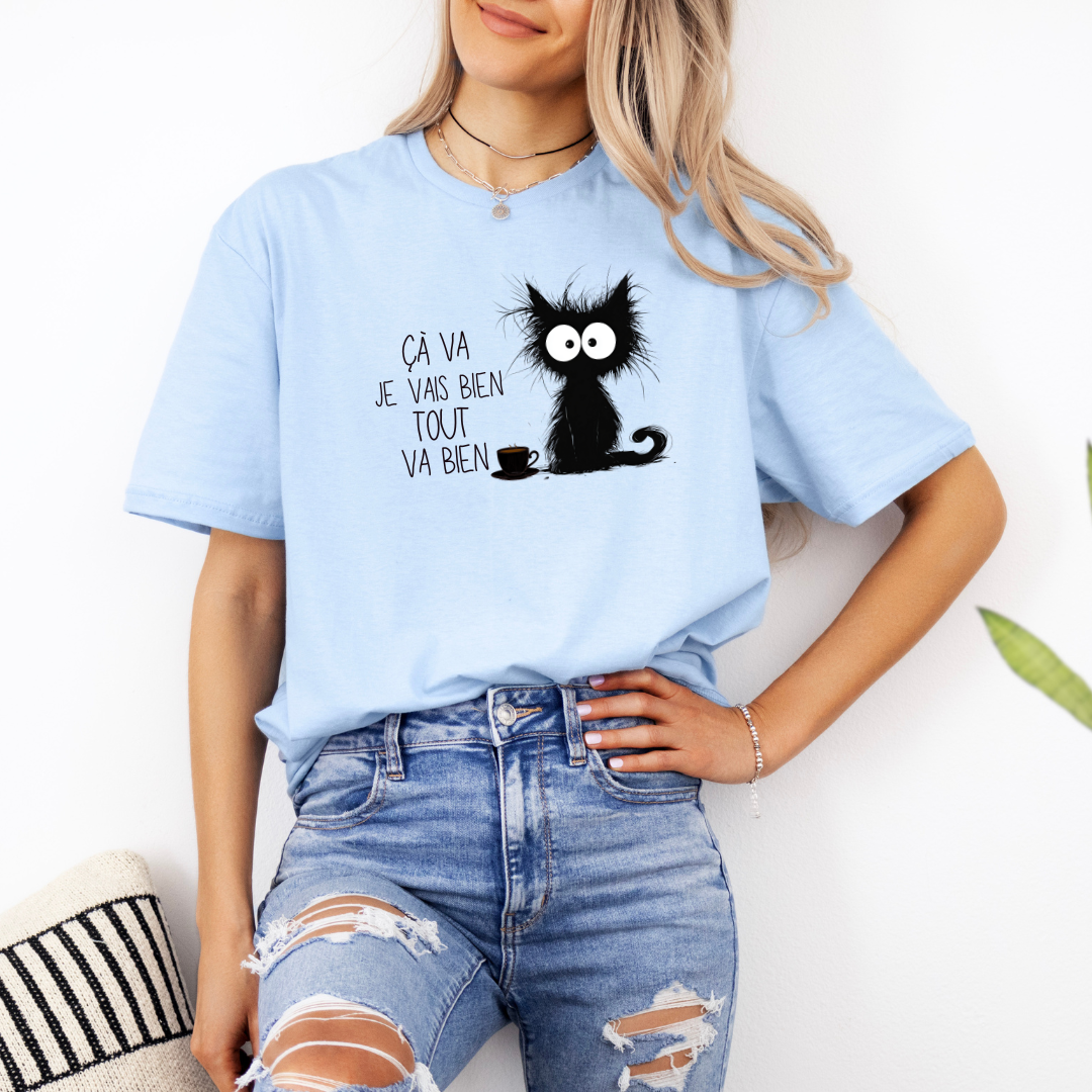 funny black cat shirt with sarcastic quote, funny t-shirt with humorous quote in French