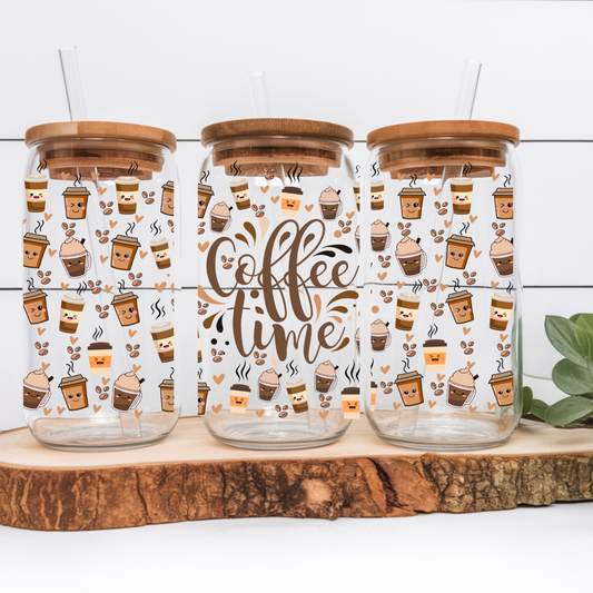 Verre à Café Glacé 16oz Coffee Time, Cadeau Amateur de Café