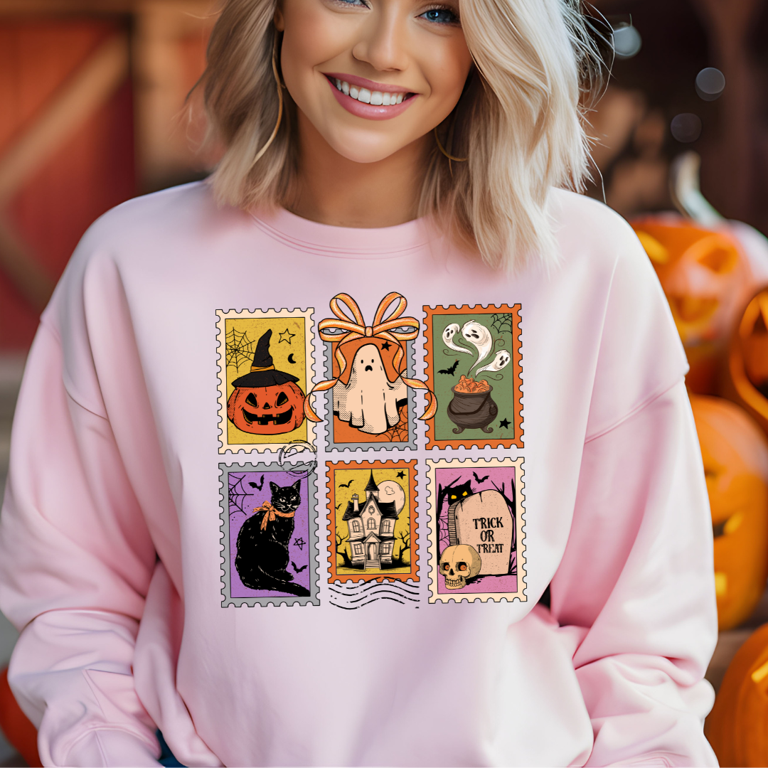 Halloween sweatshirt in postage stamp style, vintage style Halloween crewneck