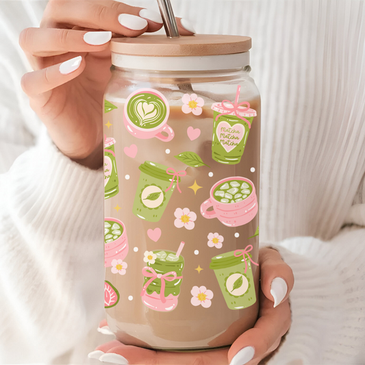 Verre à café glacé 16 oz matcha lover, verre boho Chic, Cadeau Unique