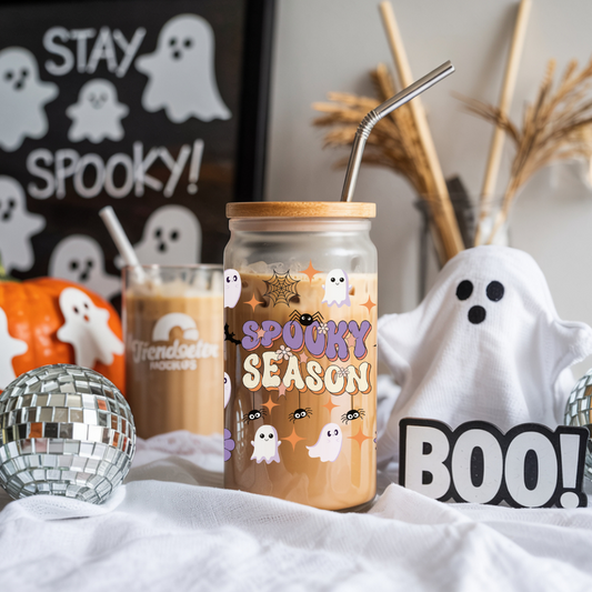 Verre à café glacé fantômes spooky , Verre à café fantômes spooky season, Tasse en verre fantômes d'Halloween, Gobelet marguerite et fantôme