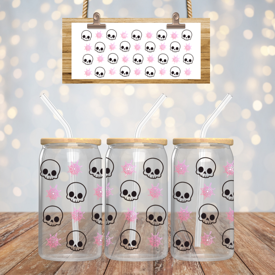 Skull and Spiderweb Iced Coffee Glass cup, Girly Halloween Glass cup