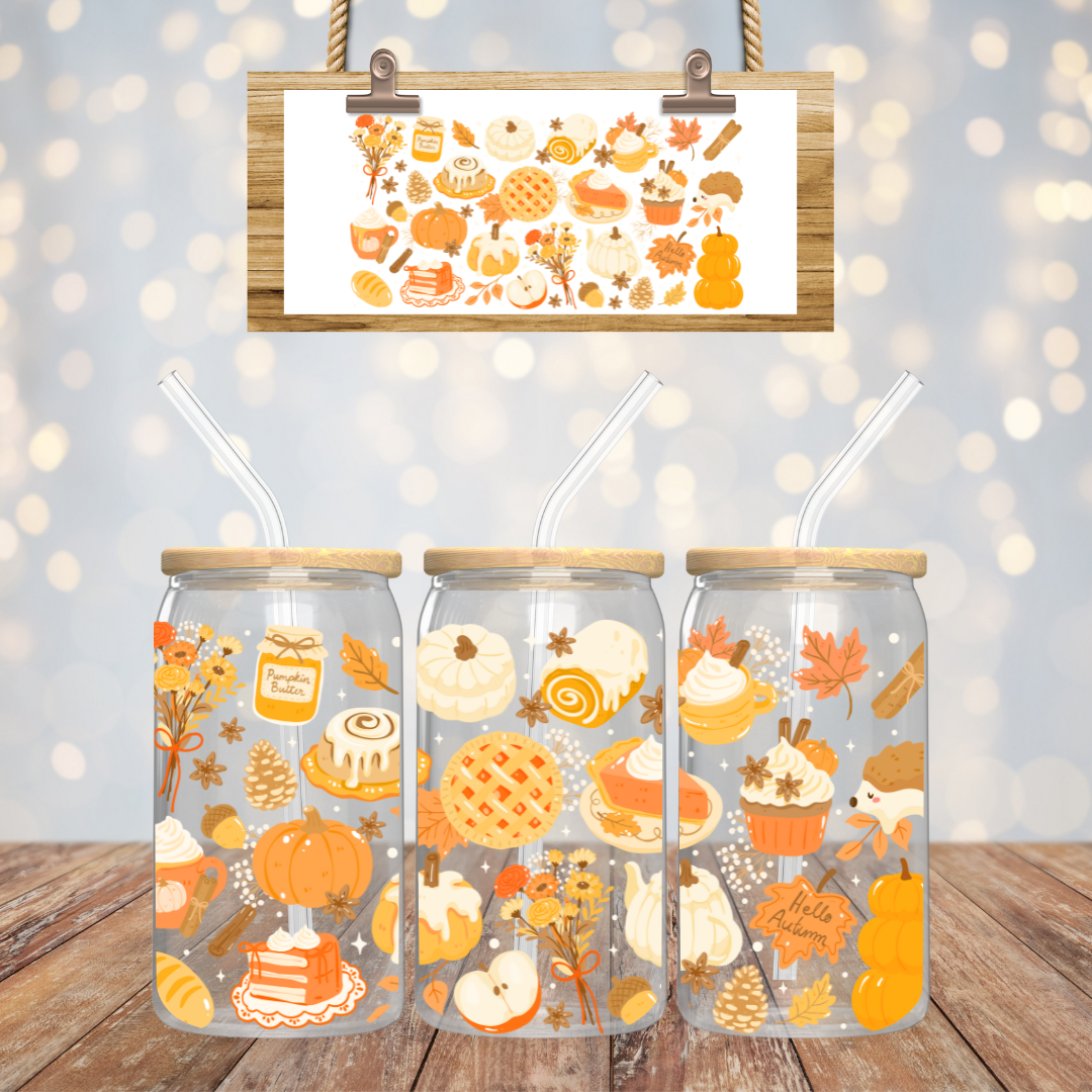 Verre à café glacé 16 oz Design Automne Citrouilles, douceurs & épices, cadeau pour amoureux d'automne
