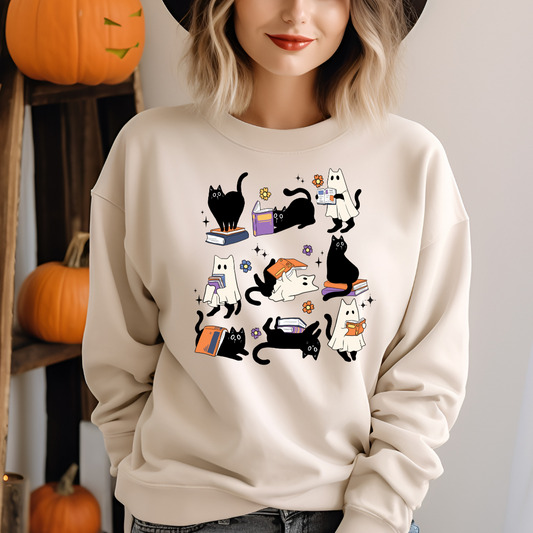 Sweatshirt Halloween Chat Fantôme et Livres, Cadeau pour amoureux des chats et livres