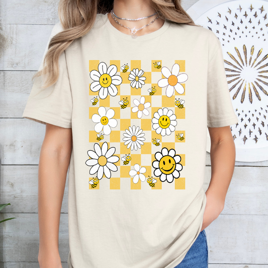 T-shirt d'été rétro style grunge avec marguerites et abeilles, T-shirt floral