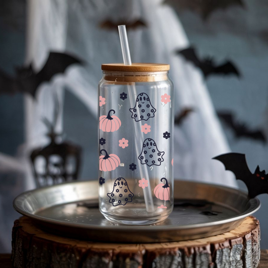 Verre à café glacé avec mignons fantômes au design floralVerre à café fantômes floral, Tasse en verre fantômes d'Halloween, Gobelet marguerite et fantôme