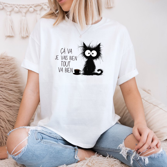chandail drôle de chat noir à citation sarcastique, T-shirt humoristique à citation humouristique en français