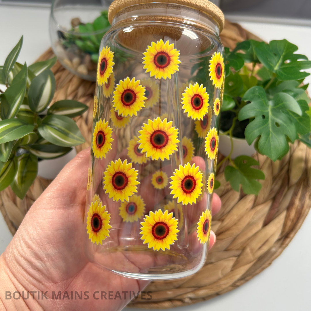 Verre à café glacé fleurs de Tournesols, cadeau floral pour amoureux des fleurs
