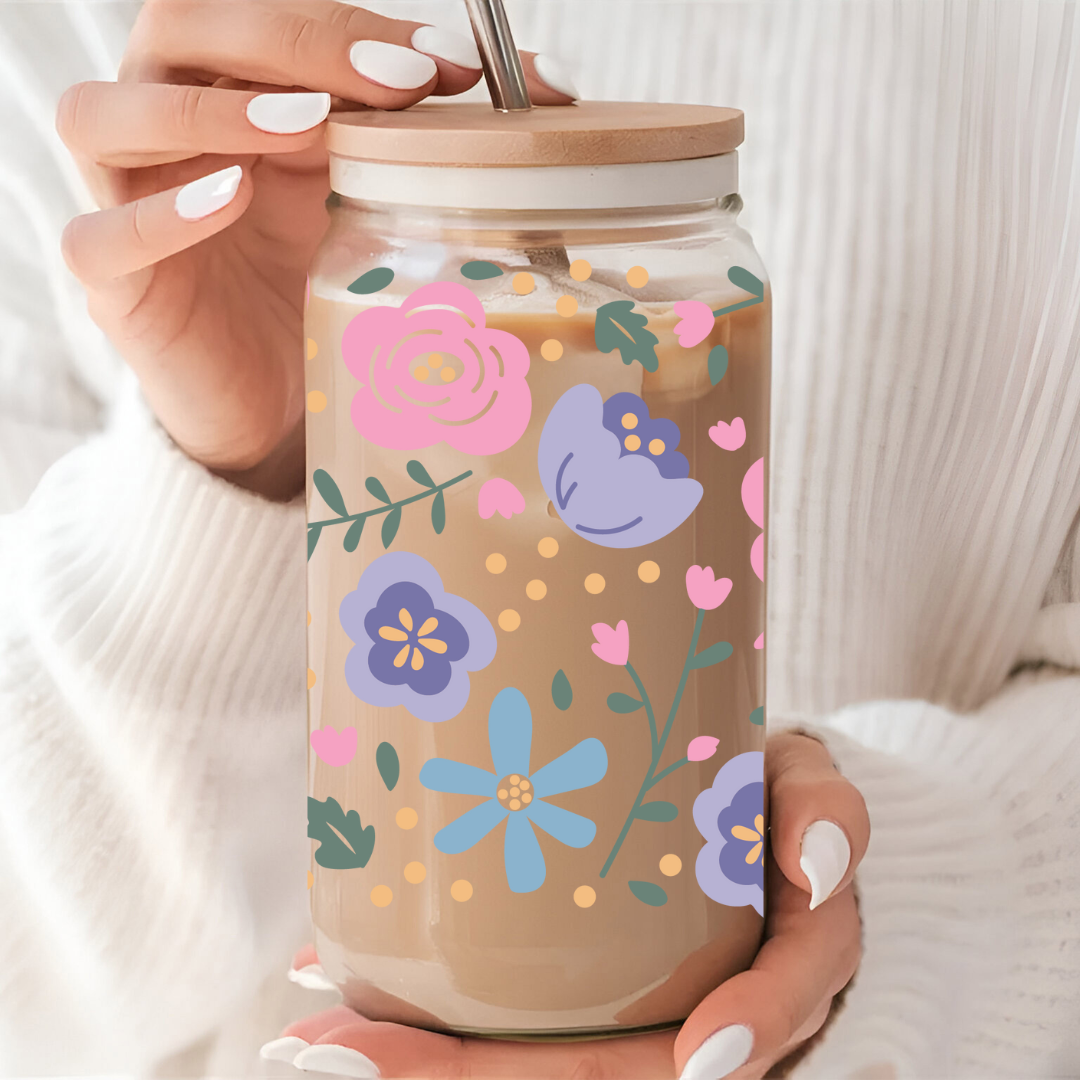 Verre à café glacé floral style boho, Cadeau pour amoureux des fleurs