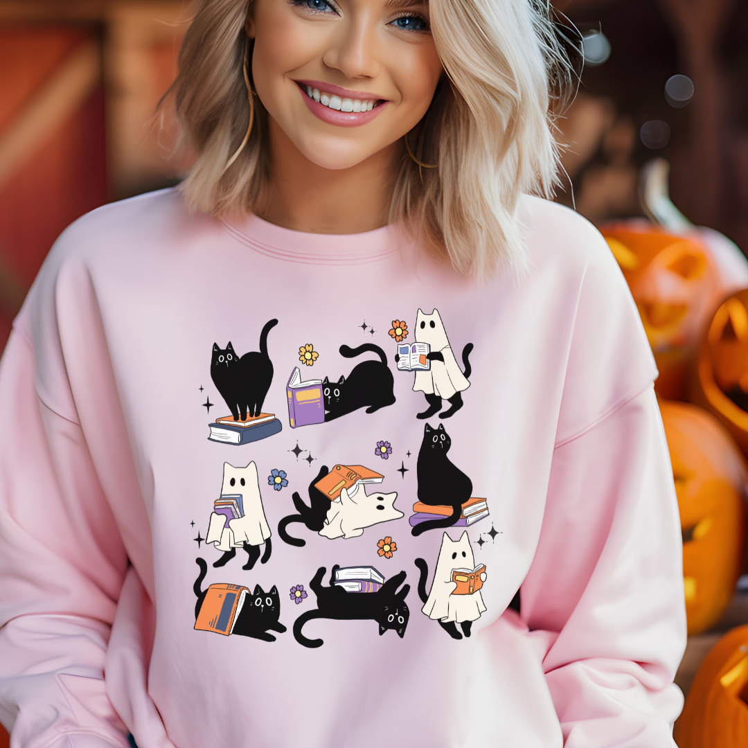 Sweatshirt Halloween Chat Fantôme et Livres, Cadeau pour amoureux des chats et livres