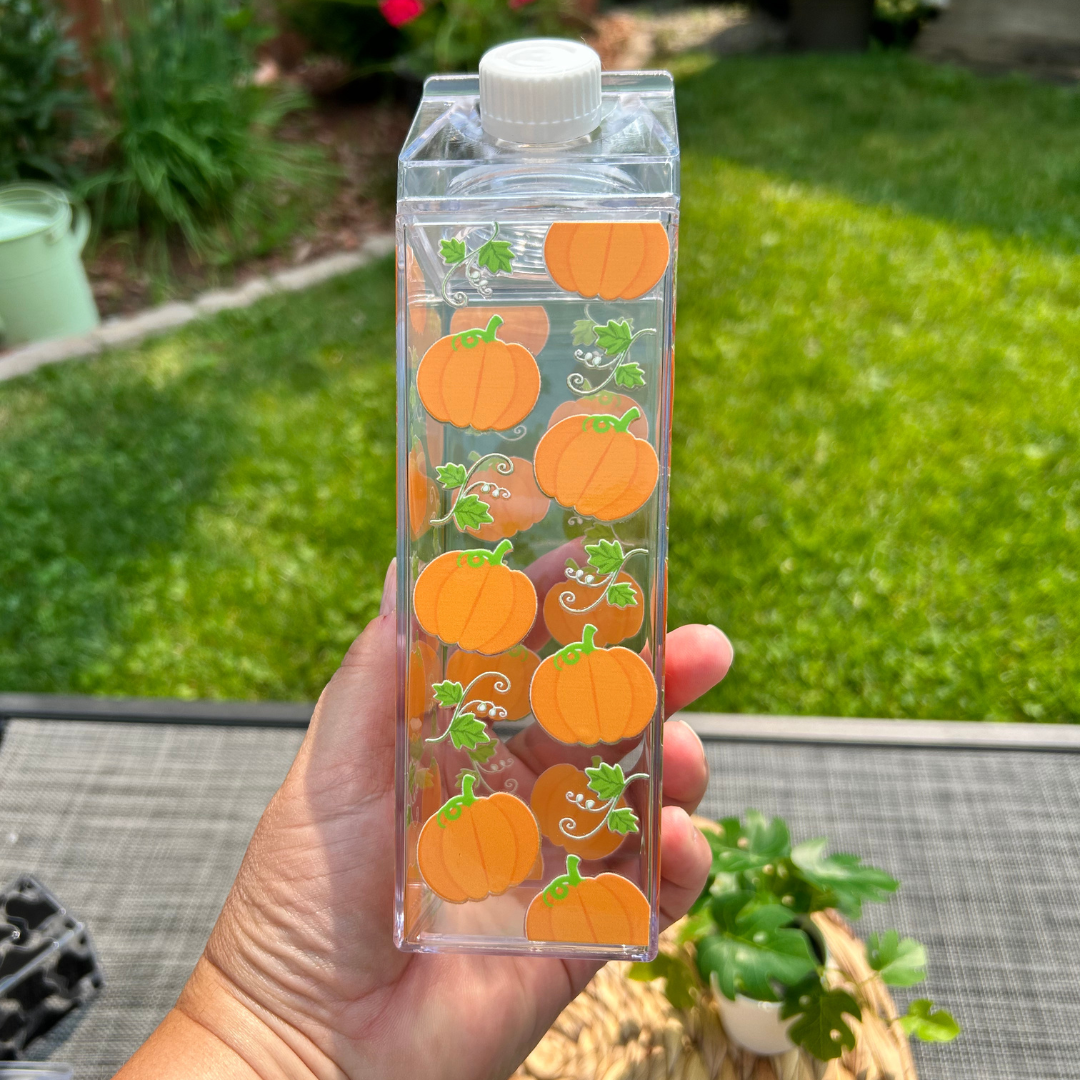 Ensemble Verre à café et Bouteille style carton lait avec design citrouille d'halloween