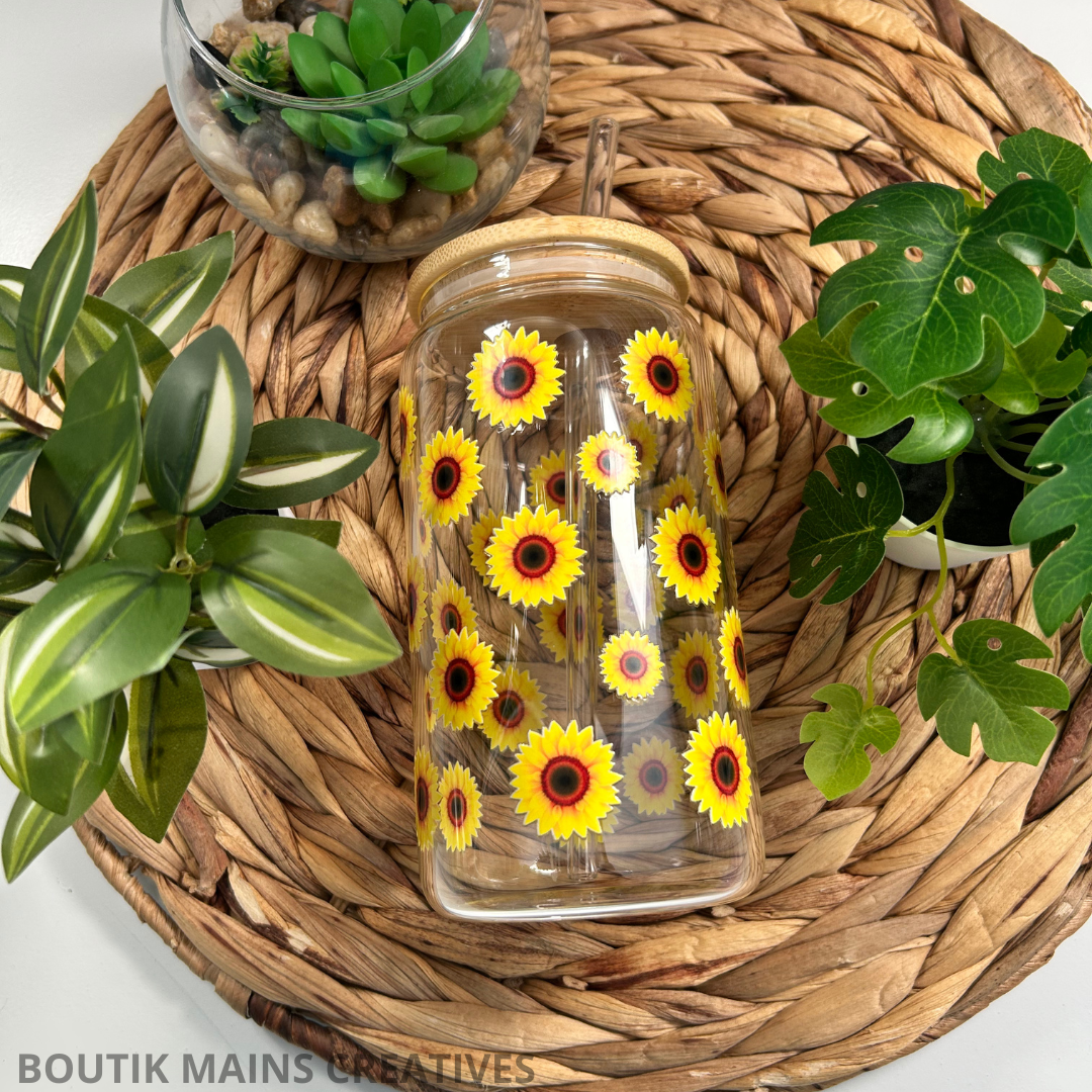 Verre à café glacé fleurs de Tournesols, cadeau floral pour amoureux des fleurs