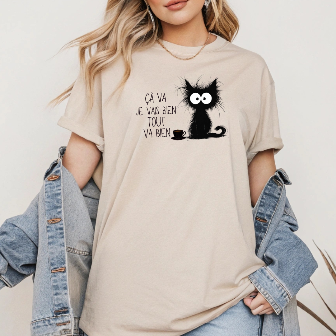 funny black cat shirt with sarcastic quote, funny t-shirt with humorous quote in French