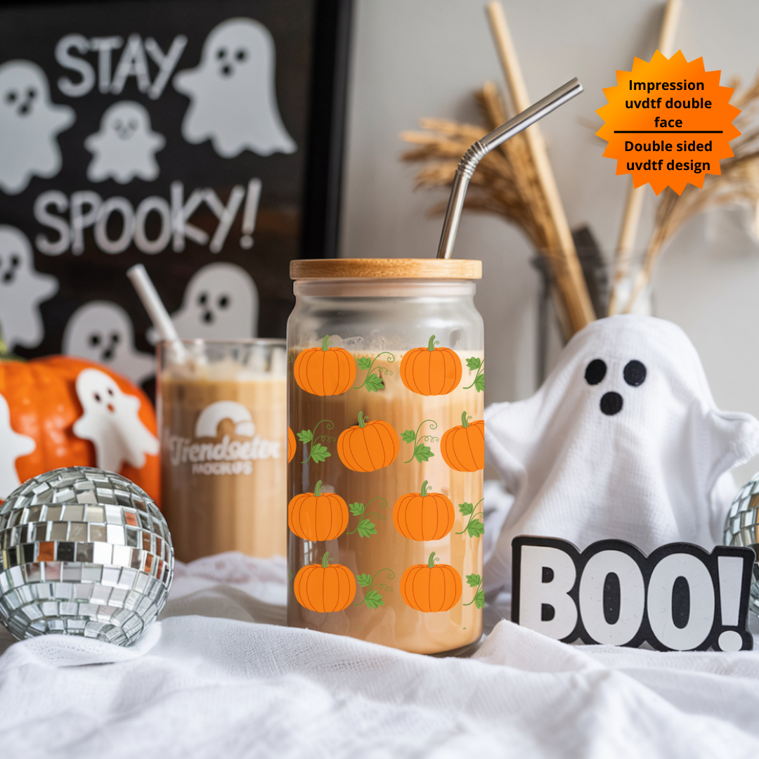 Ensemble Verre à café et Bouteille style carton lait avec design citrouille d'halloween