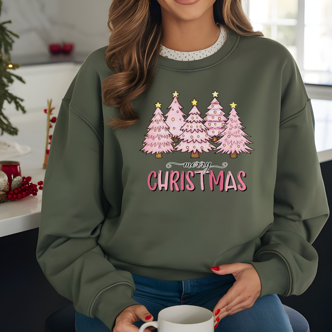 Chandails sapins Noël roses, Cadeau pour les fêtes, Sweatshirt Noël, cadeau thème Noël